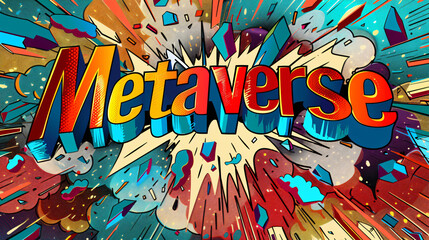 Poster - Vibrant and vivid comic book style artwork with the word metaverse bursting from the backdrop