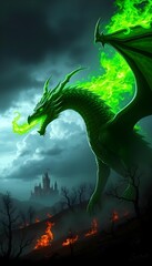 Wall Mural - A large green dragon with glowing eyes and horns, flying in front of a dark cloudy sky with a castle or city in the background