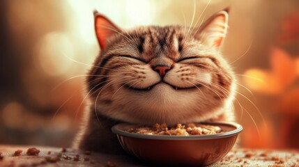 Aufkleber - A detailed view of a chubby cat finishing its meal, with food crumbs on its whiskers and a happy, relaxed expression as it sits next to the empty bowl.