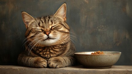 Aufkleber - A detailed view of a chubby cat finishing its meal, with food crumbs on its whiskers and a happy, relaxed expression as it sits next to the empty bowl.