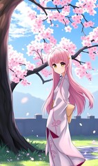 Wall Mural - A young anime-style girl with long pink hair wearing a white dress, standing in front of a cherry blossom tree with a blue sky in the background