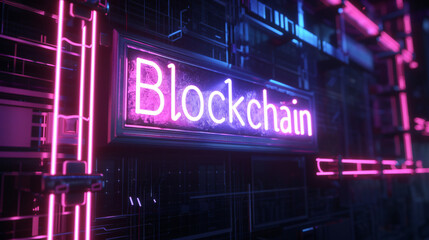 Leinwandbilder - Neon sign saying blockchain is glowing on a wall with futuristic server racks and pink neon lights