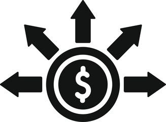 Poster - black and white icon of money distribution, showing several arrows pointing out from a central coin