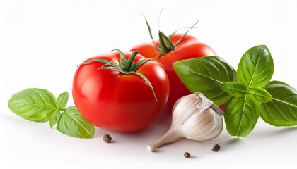 Wall Mural - Fresh Tomatoes Garlic and Basil on White Background