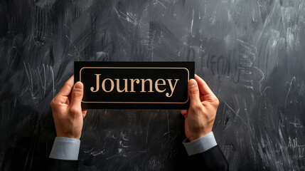 Poster - Entrepreneur displaying a black sign with the word journey in gold lettering against a dark backdrop