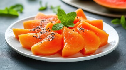 Wall Mural - Delicious Papaya Slices Served with Fresh Mint