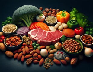 Wall Mural - Healthy Food Selection with Meat Nuts and Vegetables