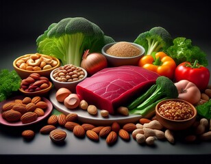 Wall Mural - Healthy Food Selection with Meat Nuts and Vegetables