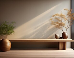 Wall Mural - Minimalist Interior Design with Wooden Bench and Table