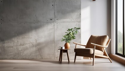 Wall Mural - Minimalist Living Room Interior Design with Concrete Wall and Wooden Chair