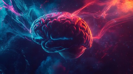 Wall Mural - a vibrant graphic of a human brain with intertwining sound waves emanating from it, representing the