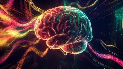 Wall Mural - a vibrant graphic of a human brain with intertwining sound waves emanating from it, representing the