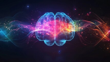 Wall Mural - a vibrant graphic of a human brain with intertwining sound waves emanating from it, representing the