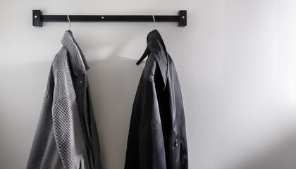 Minimalist White Wall with Black Hooks and Hanging Coats