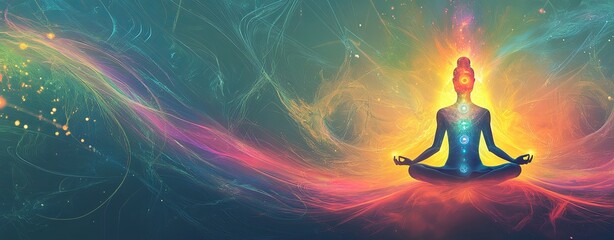 Wall Mural - A high-resolution graphic showing a pulsating aura around a meditation figure, with sound waves interacting with the chakras, creating a sense of cosmic balance