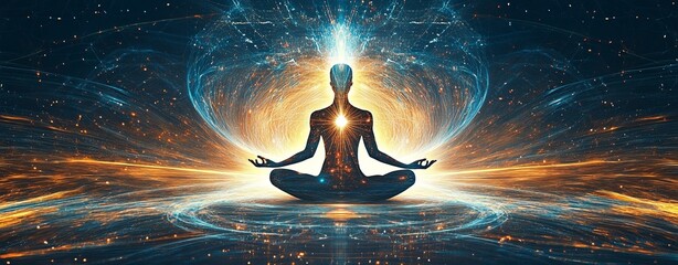 Wall Mural - A high-resolution graphic showing a pulsating aura around a meditation figure, with sound waves interacting with the chakras, creating a sense of cosmic balance
