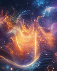 Wall Mural - A dynamic illustration of sound waves forming intricate patterns, merging with cosmic energy to enhance meditation, with detailed lighting and a three-dimensional feel