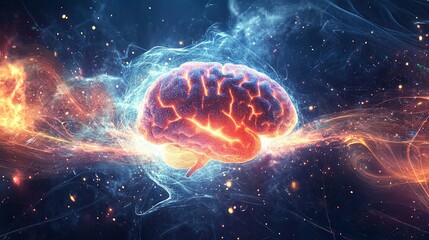Wall Mural - a visually striking image of a brain with cosmic energy flowing through it, enhanced by sound waves,