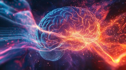 Wall Mural - a visually striking image of a brain with cosmic energy flowing through it, enhanced by sound waves,