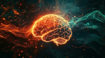 Wall Mural - a visually striking image of a brain with cosmic energy flowing through it, enhanced by sound waves,
