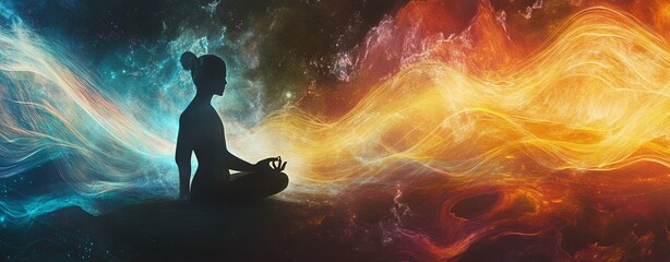 Wall Mural - an artistic rendering of sound waves cascading through a meditation figure, blending with cosmic ele