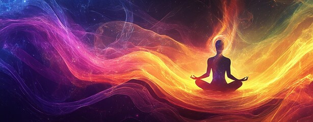 Wall Mural - an artistic rendering of sound waves cascading through a meditation figure, blending with cosmic ele