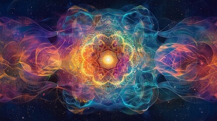 a colorful depiction of a cosmic mandala surrounded by sound waves, representing the harmony of cosm