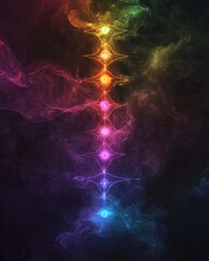Wall Mural - a serene image of a chakra system with each point illuminated by soft, colorful sound waves, highlig