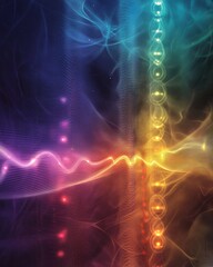 Wall Mural - a serene image of a chakra system with each point illuminated by soft, colorful sound waves, highlig
