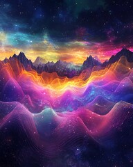 Wall Mural - a vibrant image of a cosmic landscape with sound waves flowing through it, highlighting the connecti
