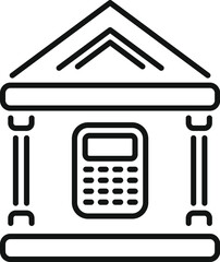 Poster - line art icon of bank building with calculator representing financial institution providing accounti
