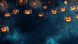 © Furkan - 2024 Halloween party background banner. Pumpkins hanging isolated on dark blue sky and fireworks background. Copy paste area for text and brand.
