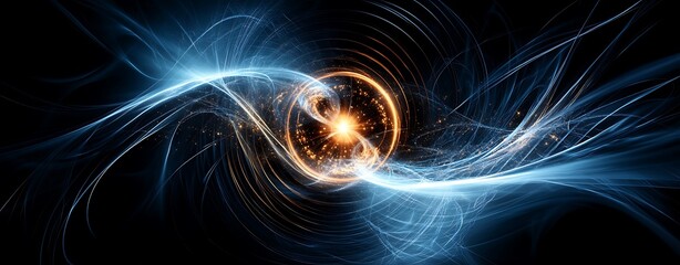 Wall Mural - Top view of an abstract representation of magnetic fields visualized with luminous particles swirling around a central core, on a deep black background, more clarity with clear light and sharp focus,