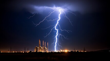 Wall Mural - Panoramic view of a lightning bolt striking a power plant at night, with the surrounding area lit by the sudden burst of light, creating high contrast and sharp details, more clarity with clear light