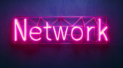 Bright pink neon sign with the word network on a concrete wall, shining in the darkness, representing contemporary communication and connectivity. Ideal for urban nightlife, clubs, and bars