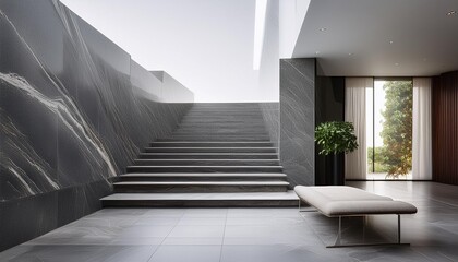 Wall Mural - Modern Interior Design with Grey Marble Steps and a Long Bench