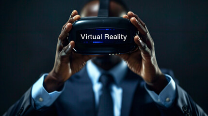 Aufkleber - Businessman in a blue suit holds a vr headset, showcasing tech innovation and future digital experiences. His focused expression hints at immersive gaming and cyberspace