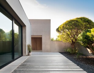 Wall Mural - Modern Minimalist Concrete House Entrance With A View Of A Tree And Garden