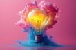 © julija - surreal lightbulb filled with swirling pastel paint splatters in pink yellow and blue vibrant creativity concept with dynamic motion and ethereal glow