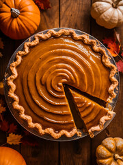Poster - Pumpkin pie topped with glittery icing on a wooden table.