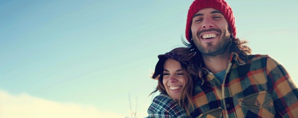 Wall Mural - Young couple embracing at sunset, sharing a romantic moment outdoors. Free copy space for text.