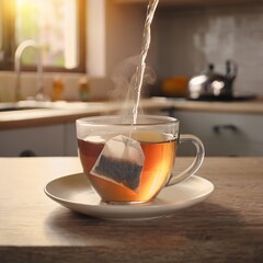 Wall Mural - Hot steaming water being poured into a teacup with a teabag inside in a kitchen