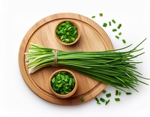 Wall Mural - On a white BackgroundFresh chives bunch and chopped chives isolated on white background. Top view