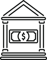 Sticker - Line art vector icon of a bank building facade with a dollar bill inside, representing financial institutions and banking services