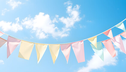 Vintage pastel bunting decoration with blue sky for Easter, summer festival and party celebration isolated with white highlights, png