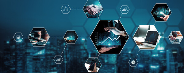 Wall Mural - Futuristic business digital financial data technology concept for future big data analytic and business intelligence research for businessman analyst invest decisions making panoramic banner kudos