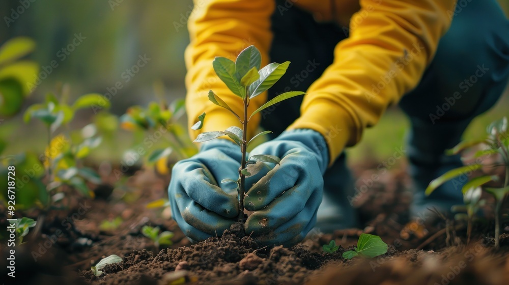 Volunteer planting trees for environmental conservation, highlighting ...
