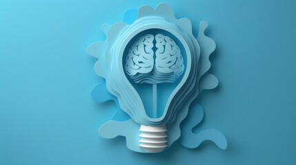 Wall Mural - Paper art light bulb with layered paper brain inside, creative ideas, technological thinking, bright blue background.