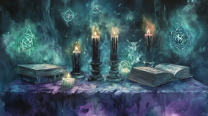 Black candles and spell books on a mystical altar, glowing runes in a teal and purple atmosphere with copy space