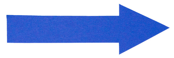 Poster - Dark blue isolated cut out paper cardboard arrow direction sign with texture and copy space for text on white or transparent background

